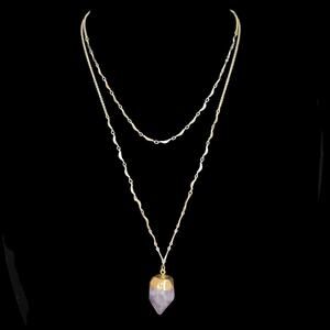 Express Faux Amethyst‎ Necklace Double Strand Purple Raw Pendant Gold-tone Boho